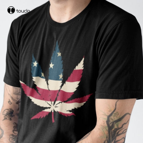 USA Flag Marijuana Leaf T-Shirt  Cotton